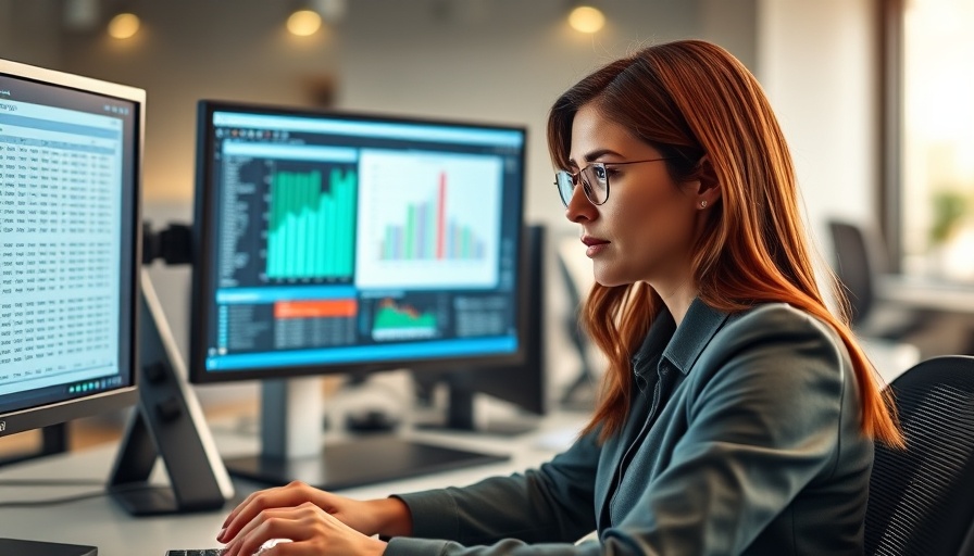 AI in Medical Billing and Coding professional analyzing data on multiple screens in an office.