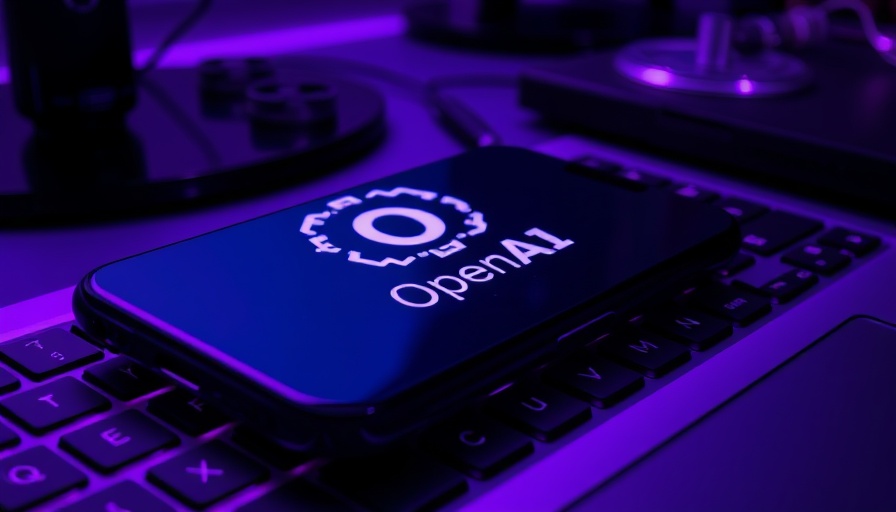 OpenAI logo on phone screen over keyboard in purple light.