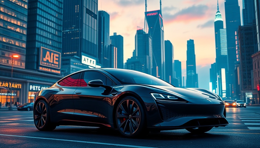Sleek modern electric car in futuristic cityscape.