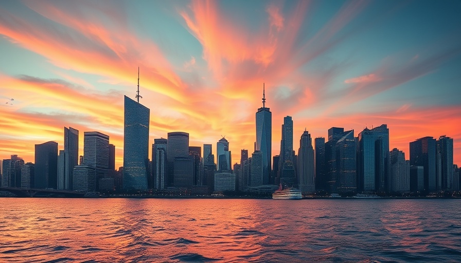 Evening skyline of New Jersey under a vibrant sunset.