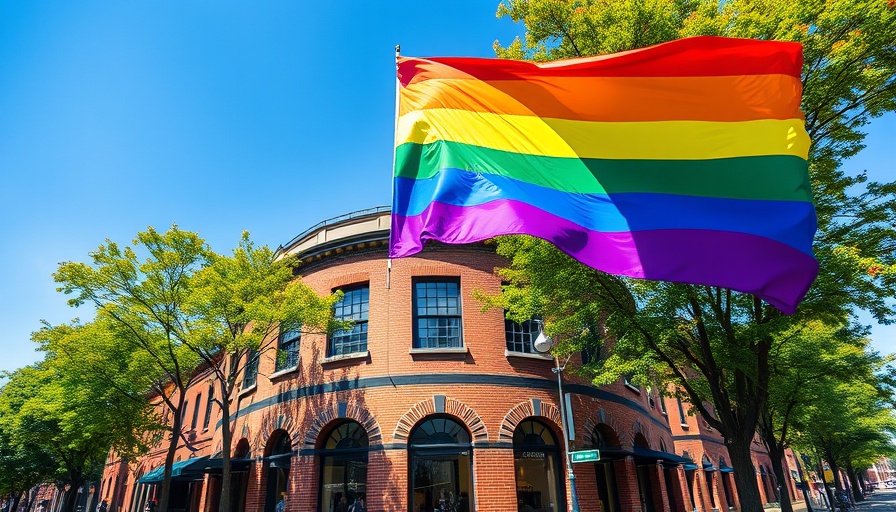 Historic building with LGBTQ+ Pride flag representing LGBTQ+ history.