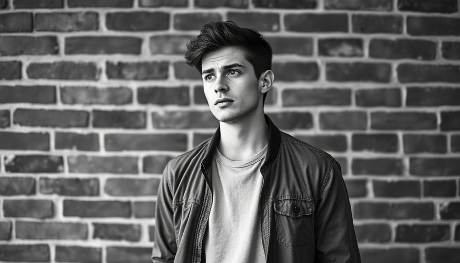 Confident young man in casual attire in urban setting.