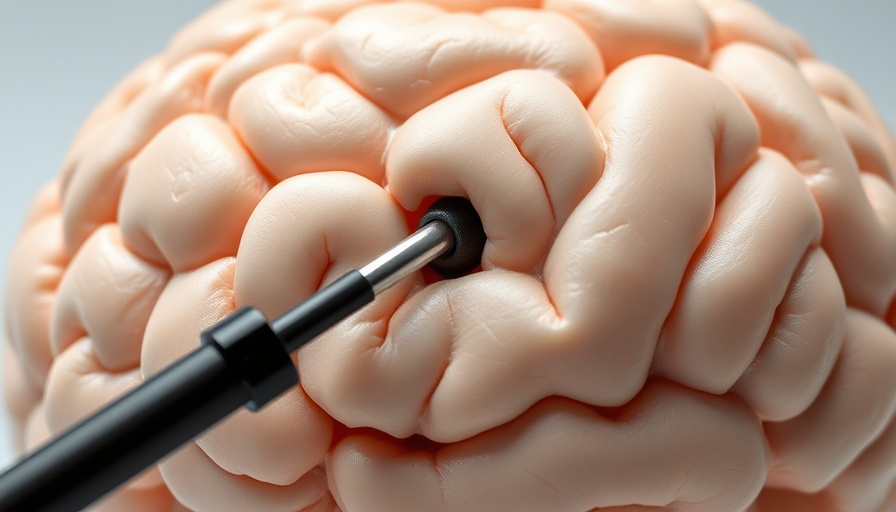 Close-up of brain model with probe, simulating magnetically-driven intracranial tumor therapy.