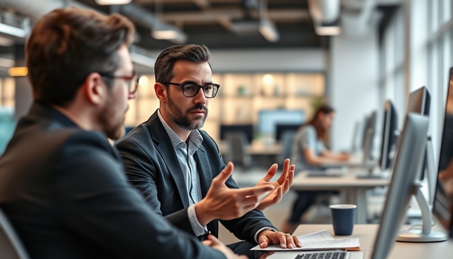 Tech professional discussing embracing risks in technology in a modern office.