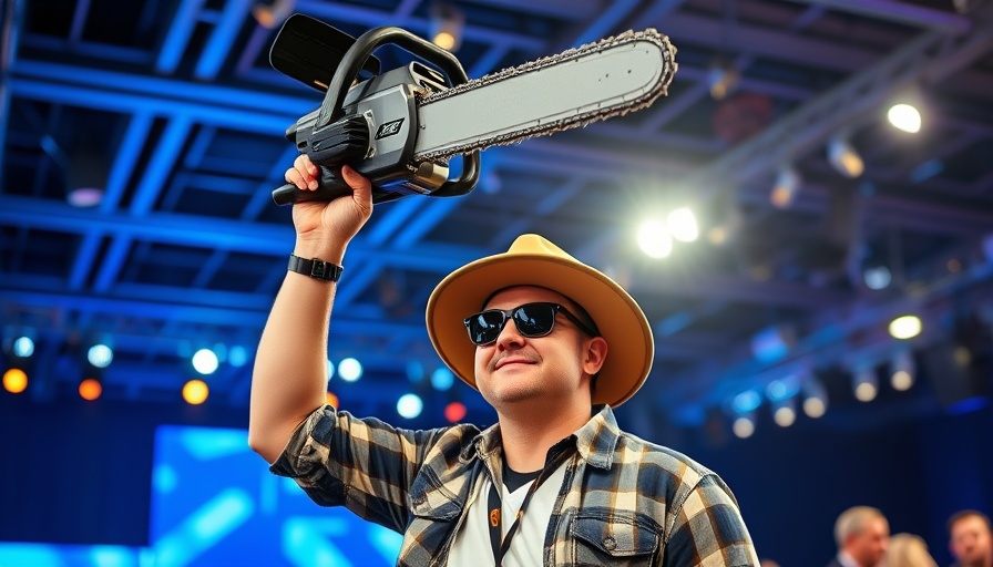Confident person at conference with chainsaw, blue stage lighting.