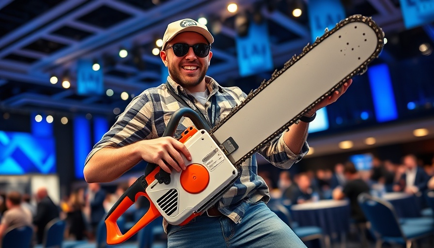 Energetic figure holding a chainsaw at a conference, xAI $5 billion debt deal.