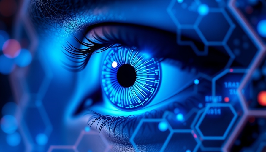 Futuristic AI eye interface with data streams, showcasing smart AI transforming document management.