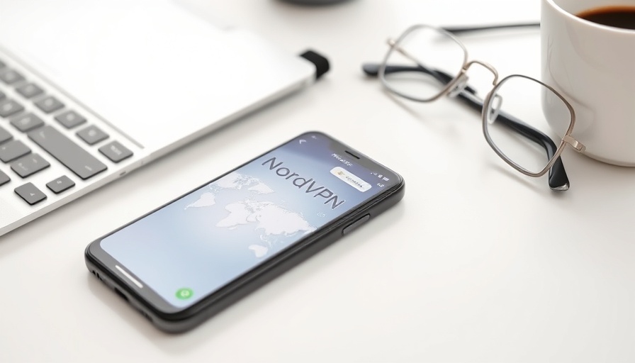 NordVPN app on smartphone beside laptop and glasses, $3.39 month deal.