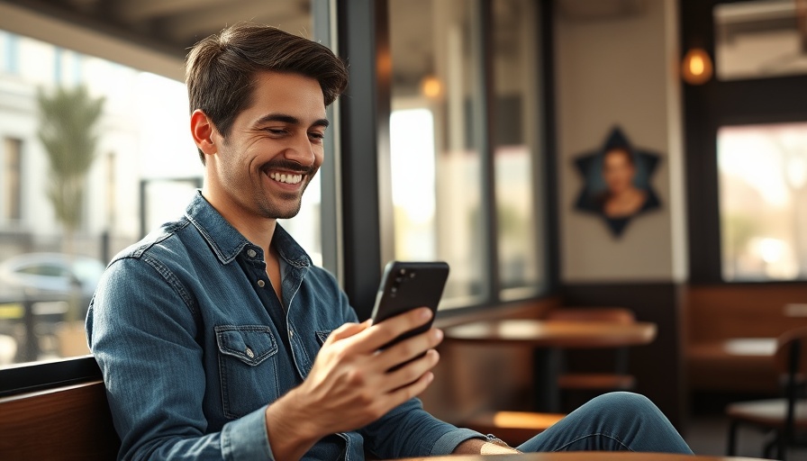 Person smiling at phone in cafe, coffee cup by window.