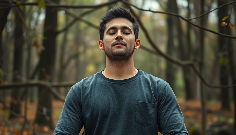 Young man practicing breathwork routine in forest.