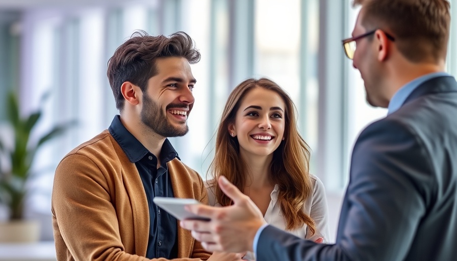 Consumer sentiment about housing market rebounds as young couple engages positively with advisor.