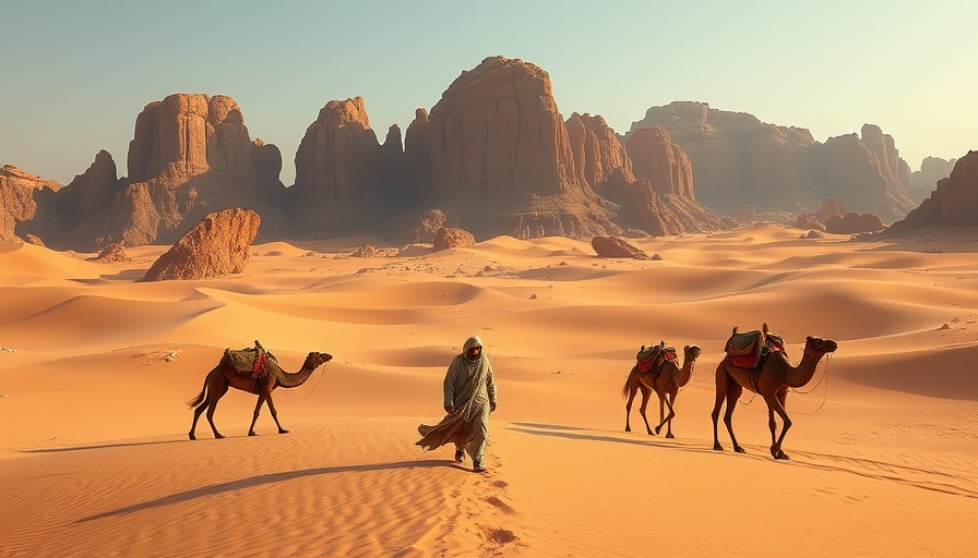 Desert scene with camels and traveler at UNESCO World Heritage site.