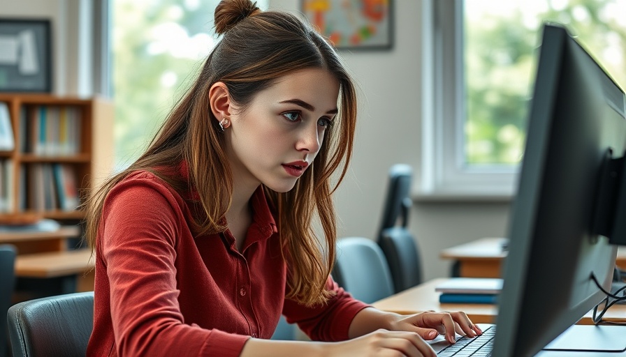 Young woman focused on computer screen in classroom, AI in Education setting.