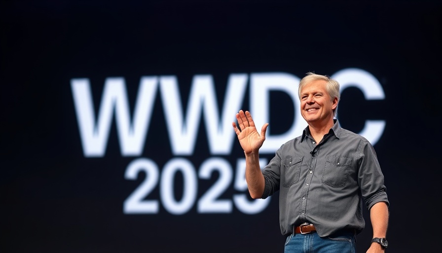 Apple WWDC 2025 event speaker waving on stage.