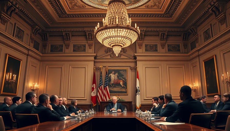 Formal meeting in a grand room with officials and a chandelier.