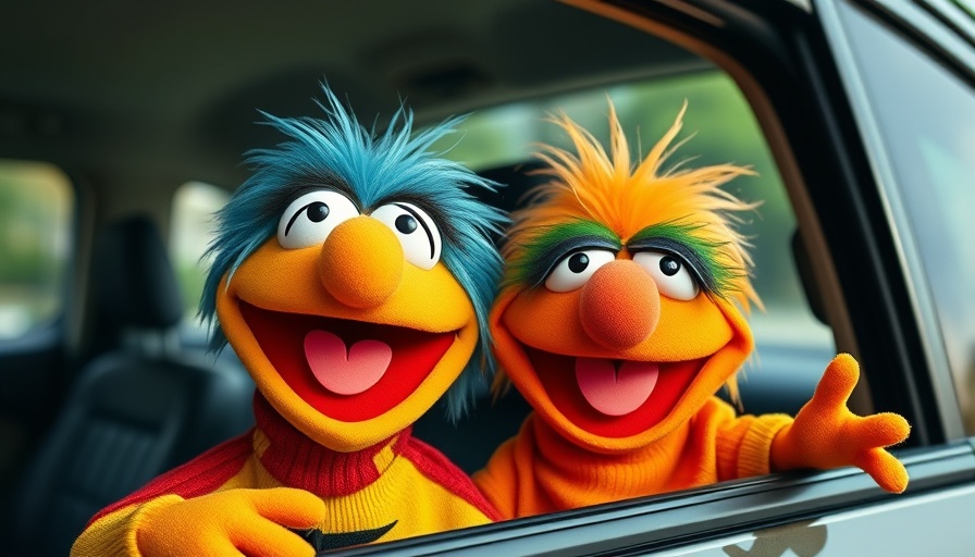 Joyful Muppets peering out from a car window.