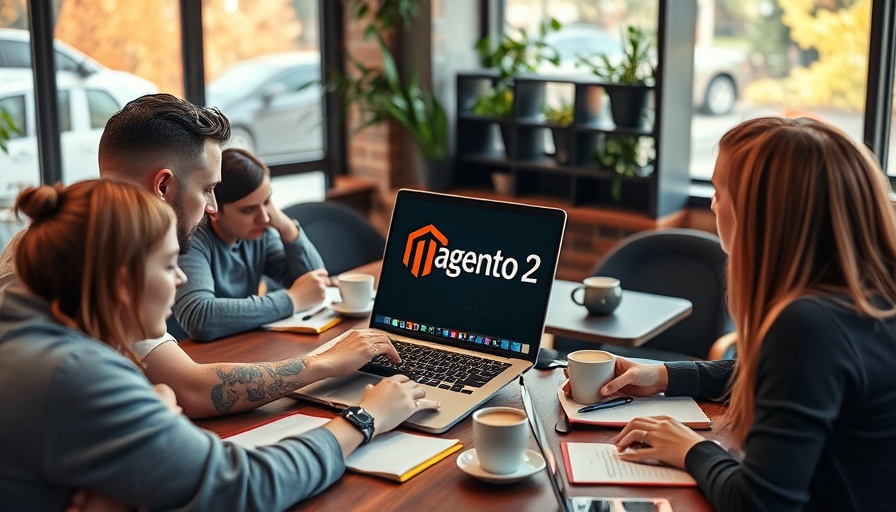 Laptop displaying Magento 2 logo in collaborative cafe workspace.