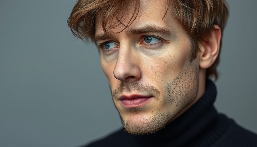 Close-up of contemplative man in turtleneck, thoughtful expression.