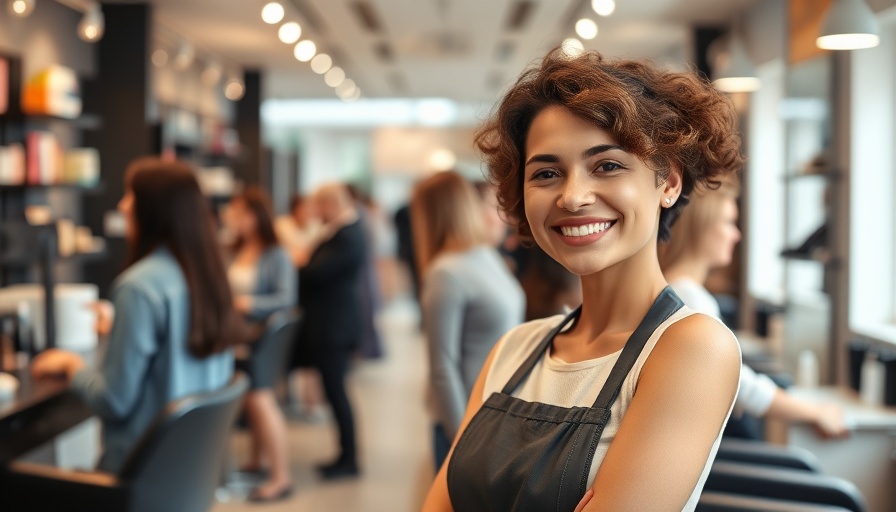 Friendly hairstylist smiling in a busy salon environment showing how to start a hair salon.