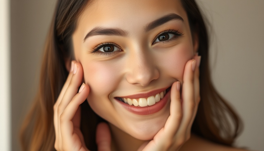 Smiling woman with glowing skin, touching face; supports brain health and skin appearance.