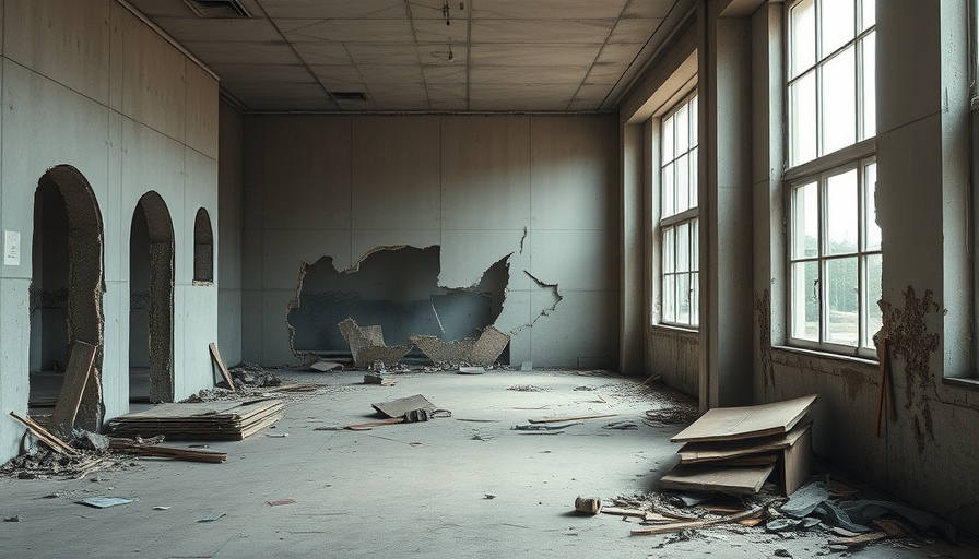 Flood-damaged room showing hurricane aftermath and repair materials.