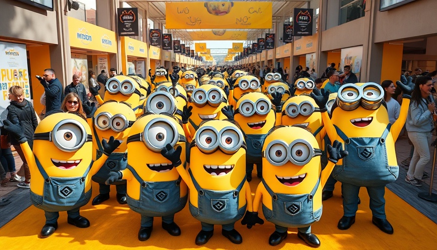 Minion characters at a lively event on a yellow carpet.