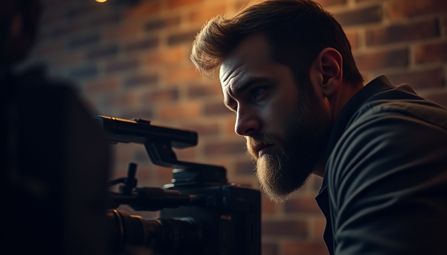 Bearded filmmaker on set of Robert Eggers Christmas Carol, moody lighting.