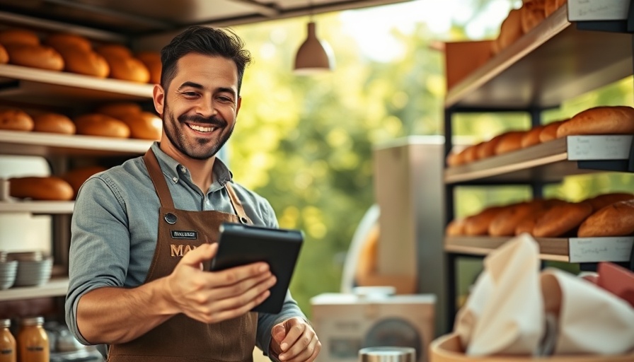 Friendly vendor offering payment terminal in bakery truck.