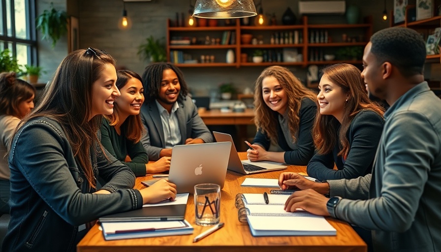 Young professionals discussing local SEO in the age of AI in a cafe.
