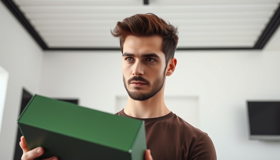 Man with focused expression handling a box in minimalist setting.