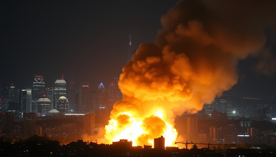 Night attack on city with explosion and smoke, city lights visible.