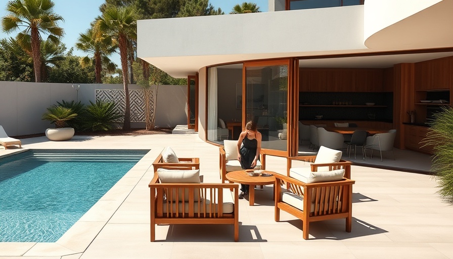Modern outdoor patio with pool and furniture, highlighting 2025 design trends.