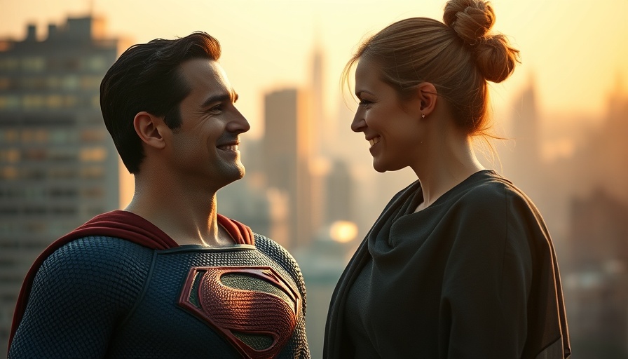 Superman and woman sharing a tender moment, smiling softly.