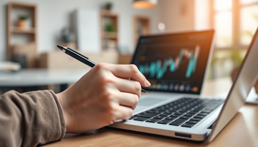 Focused hand analyzing graphs on laptop, maximizing data insights