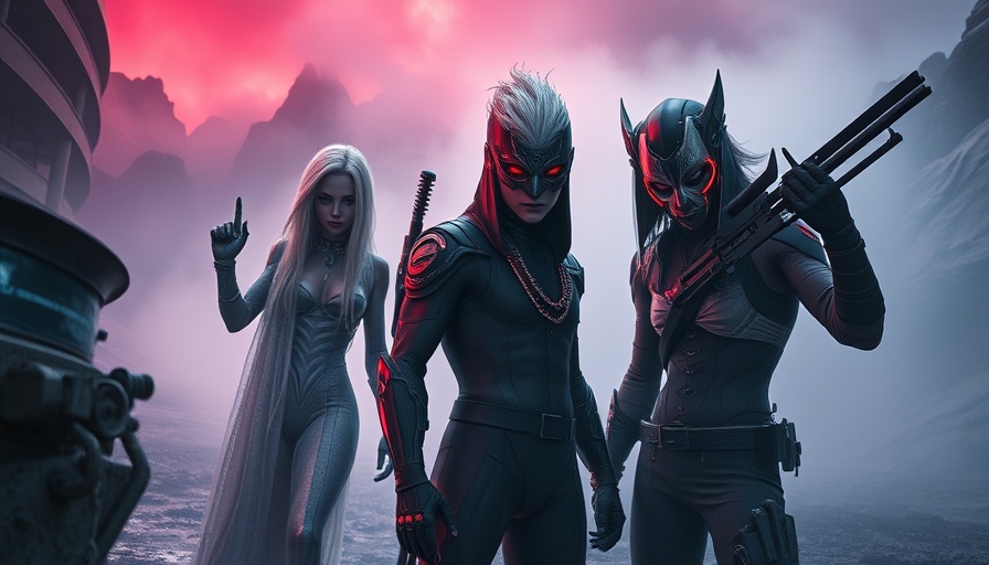 Futuristic characters in neon-lit misty landscape reflecting Bungie Marathon release themes.