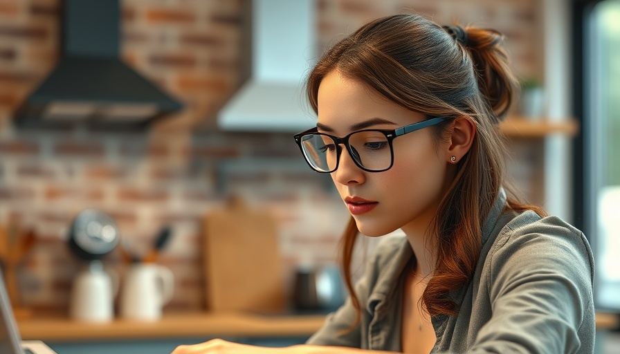 Focused woman working on laptop in kitchen to reduce eye strain.