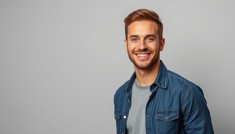 Young man in a casual shirt smiling confidently in a studio setting, related to Flywheel Effect in Entrepreneurship.