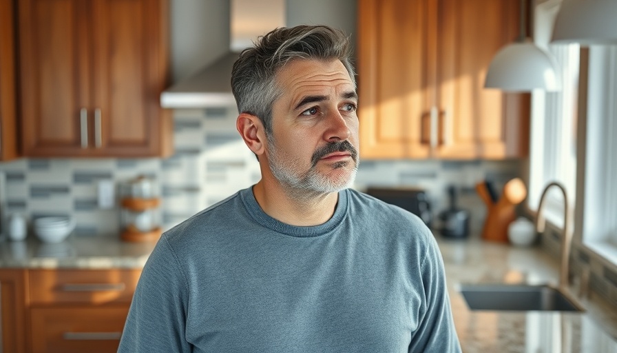 Middle-aged man, thoughtful, in a kitchen setting.