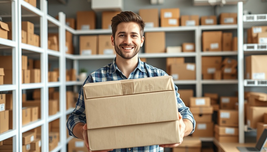 Young man in an office setting holding parcels, related to increasing website revenue.