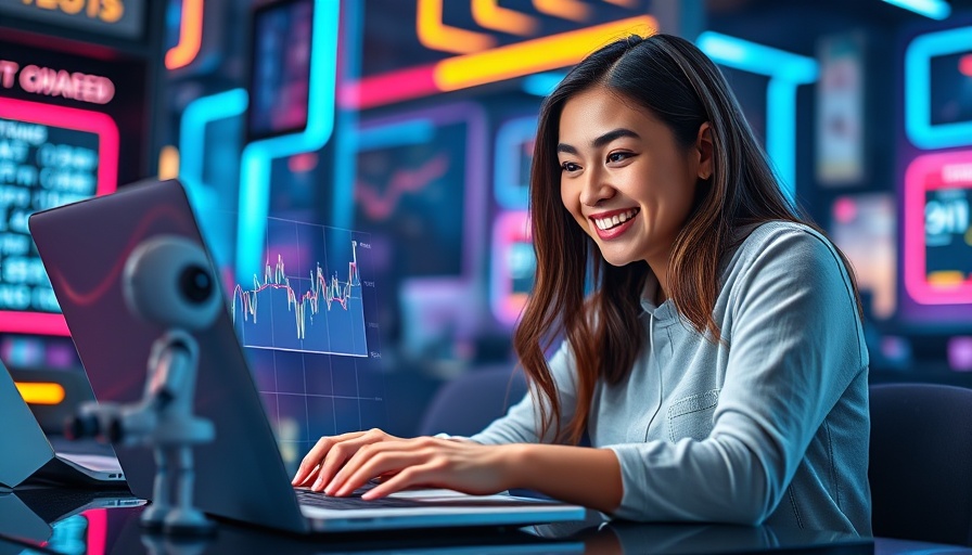 AI-powered reach in real estate marketing visualization with a woman, laptop, and digital elements.