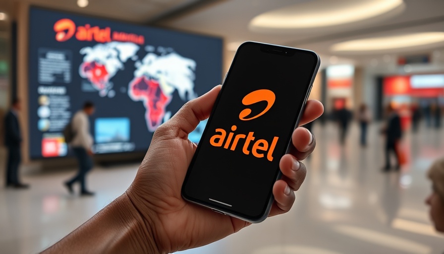 Hand holding smartphone with Airtel logo in a corporate setting.