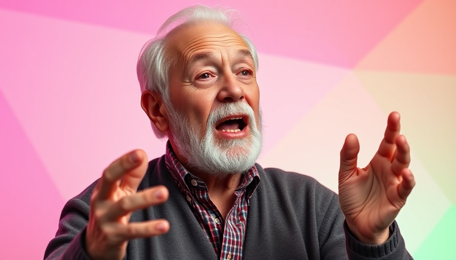 Man discussing AI job replacements on stage with pink background.