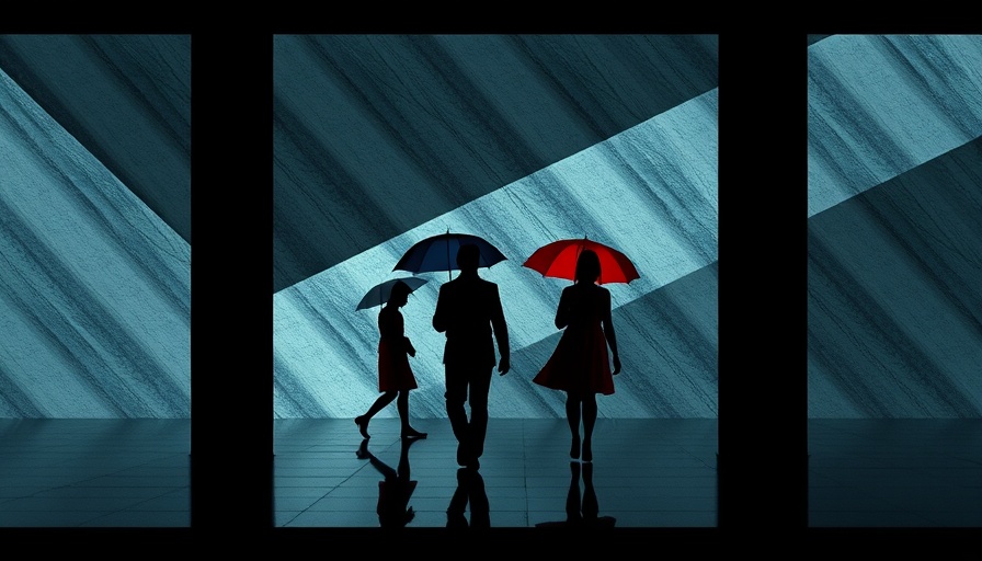 Silhouetted figures with umbrellas in digital art style on tech layoff theme.