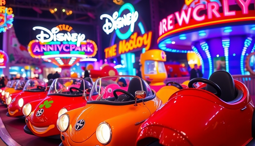 Disneyland ride scene with cartoon cars and neon lights, POV walkthrough.