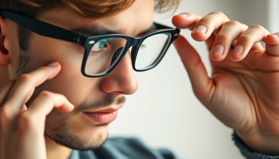 Young man adjusting black smart glasses in a thoughtful pose against a minimalist background.