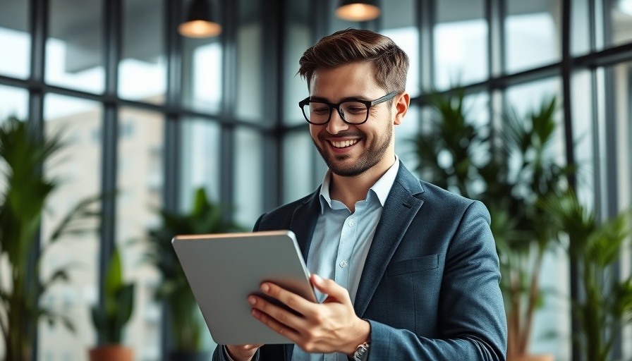 Businessman using a tablet with a smile, depicting business innovation.