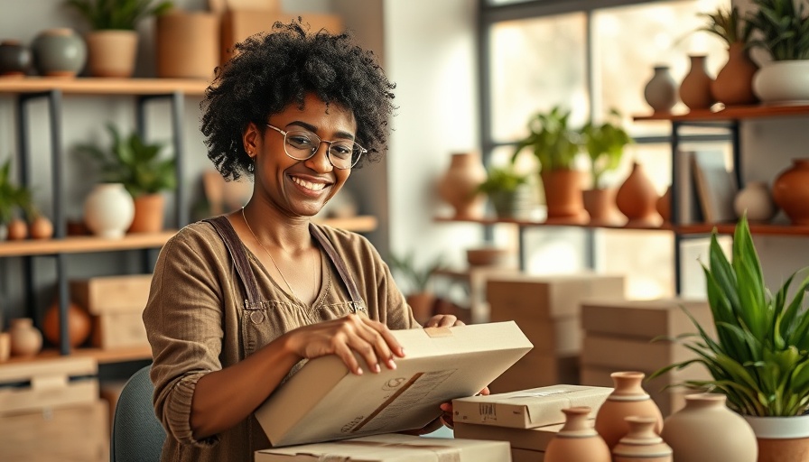 Entrepreneur organizing pottery products in home office, strategies for rural entrepreneurs' success.