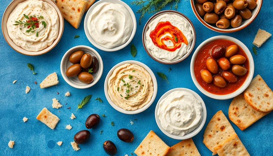 Assorted Greek dishes with creamy dips on blue surface.