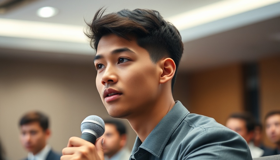 Young professional speaking into microphone at conference, Scale AI Rival Success.