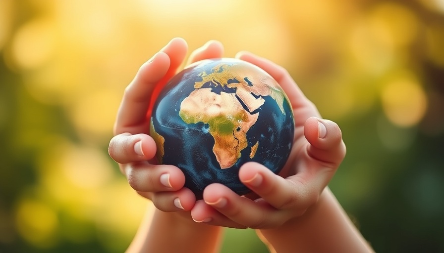 Earth Day promotions concept: hands holding globe in sunlight.